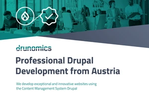 drunomics - Professional Drupal Development from Austria promotional banner with office background.