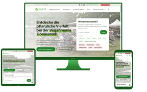 vegan.at start page with hero and form elements, shown responsively on 3 devices