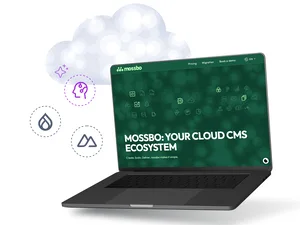 Laptop showing "MOSSBO: YOUR CLOUD CMS ECOSYSTEM" with surrounding tech icons