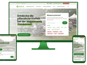 vegan.at start page with hero and form elements, shown responsively on 3 devices