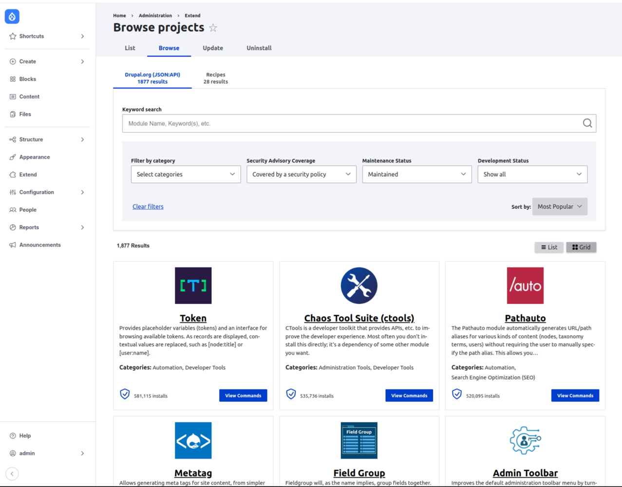 Image showing Project Browser module from drupal 11 in action
