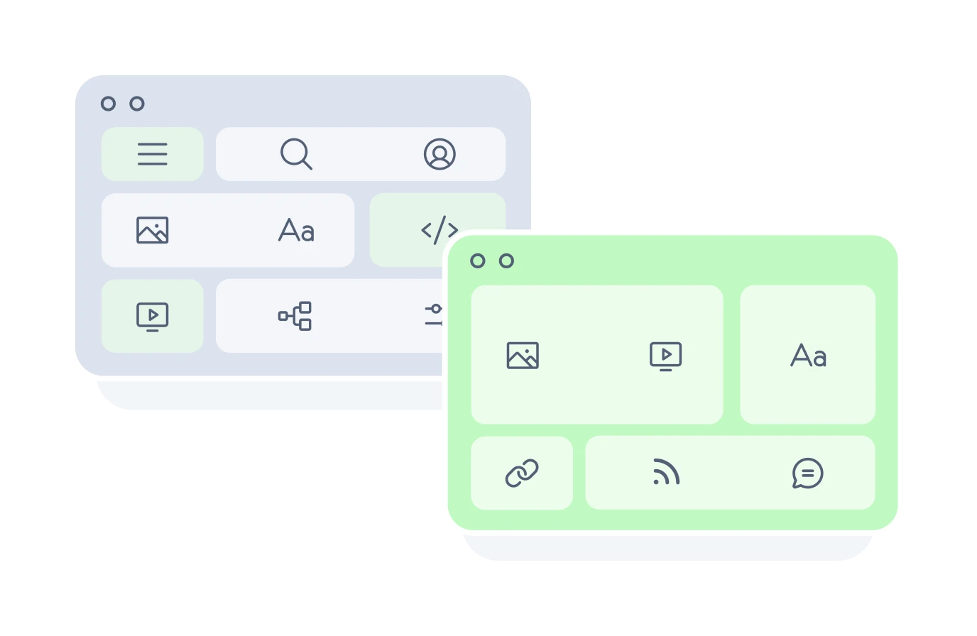  Layered browser windows showing different content types including images, text, and code