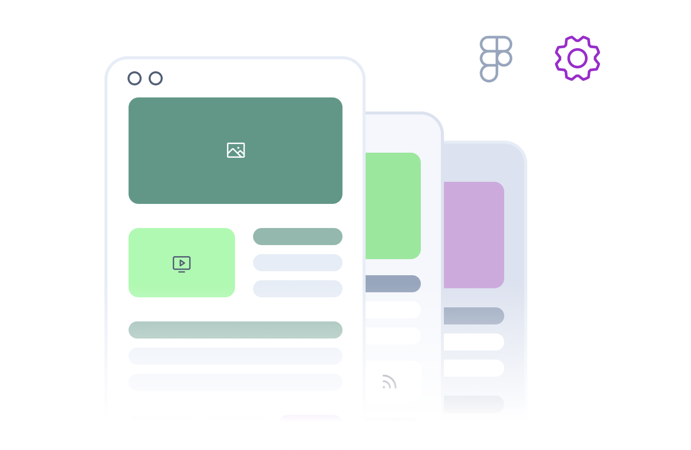 Browser interface mockup with image and video placeholders, design tools nearby
