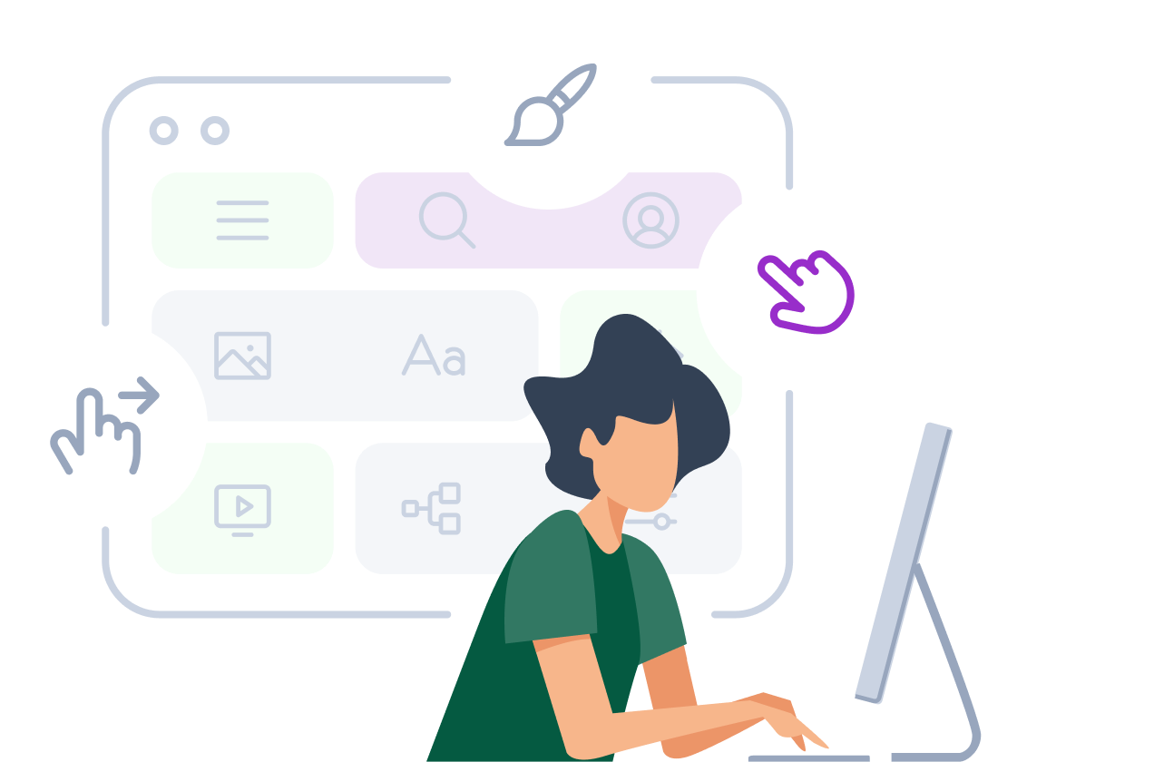 Person working at computer with floating browser interface and design tool icons