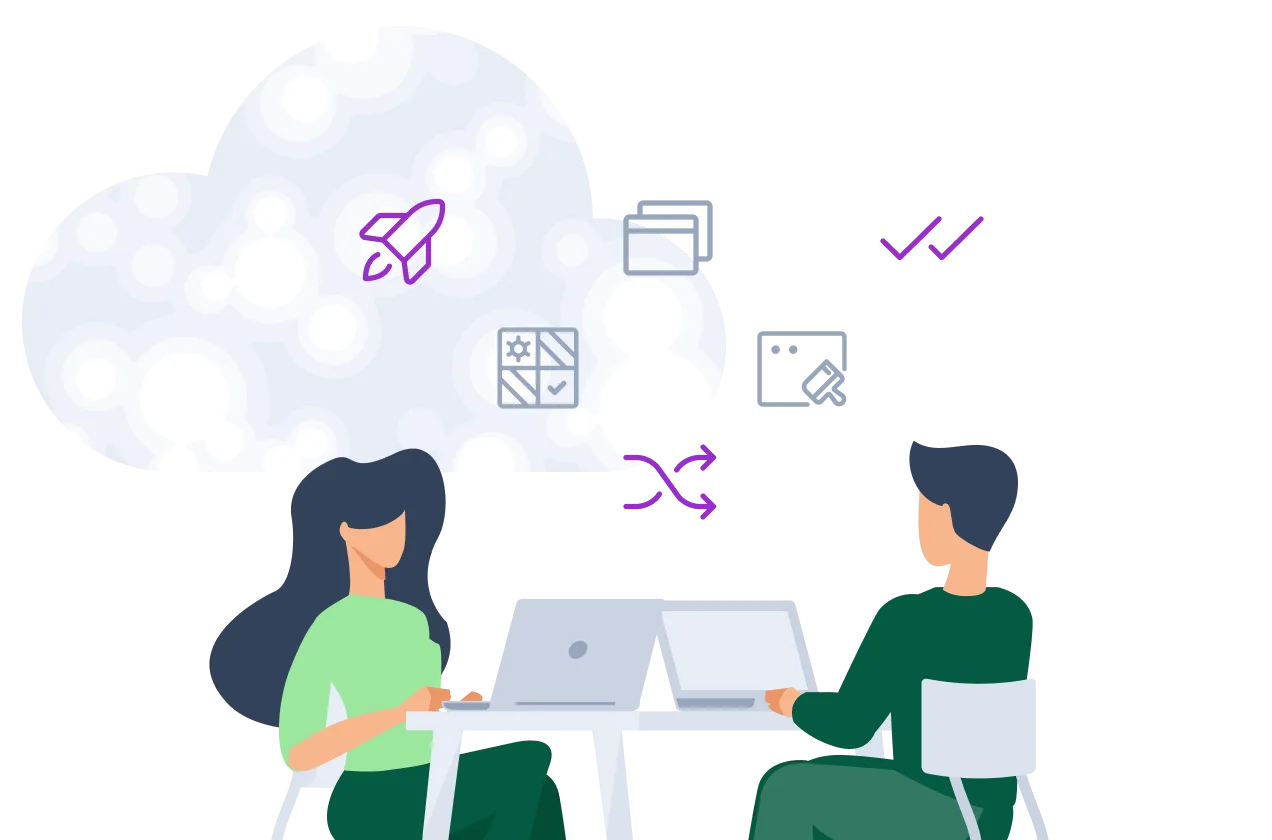 Two people working at laptops with productivity and collaboration icons in cloud above