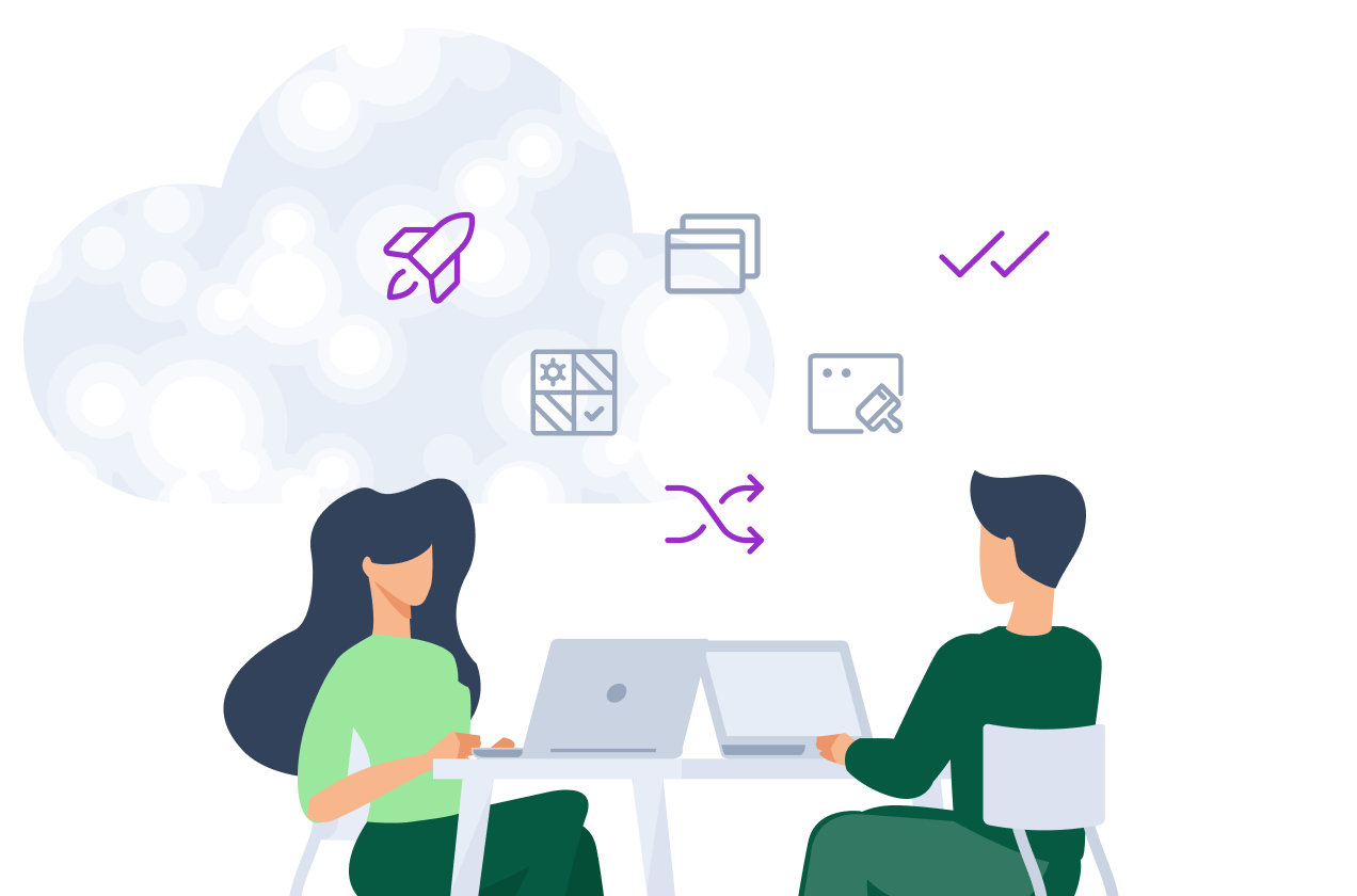 Two people working at laptops with productivity and collaboration icons in cloud above