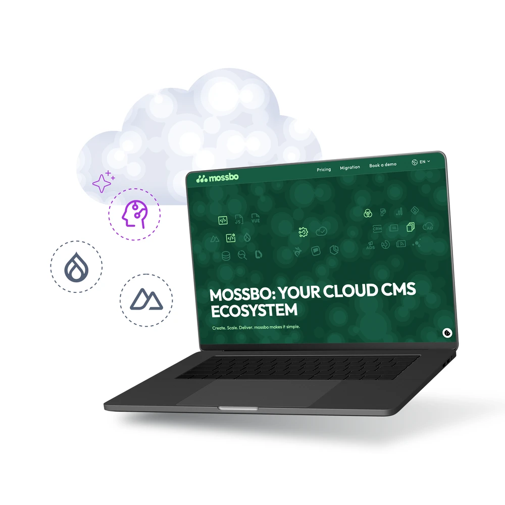Laptop showing "MOSSBO: YOUR CLOUD CMS ECOSYSTEM" with surrounding tech icons