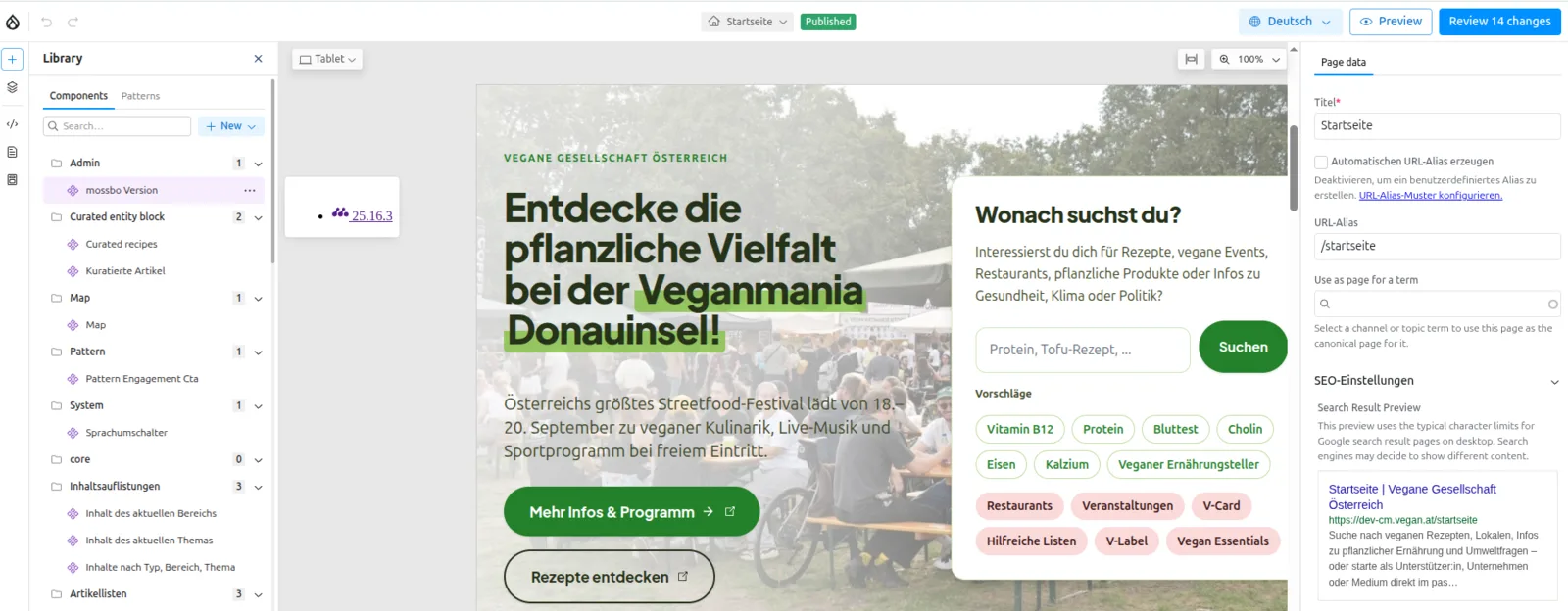 Canvas editor screenshot for vegan.at's start page