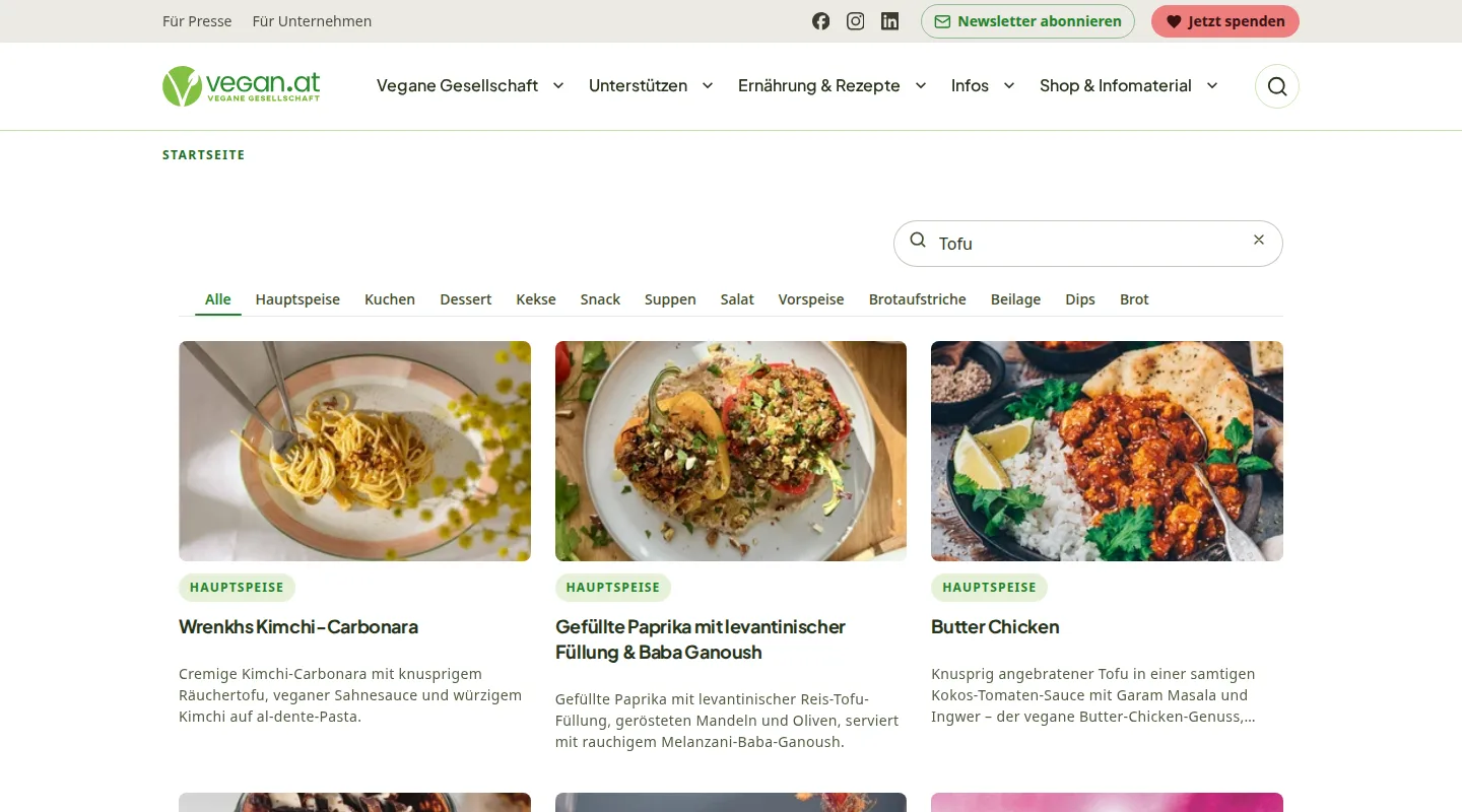 Recipe search for „Tofu" with the category tabs