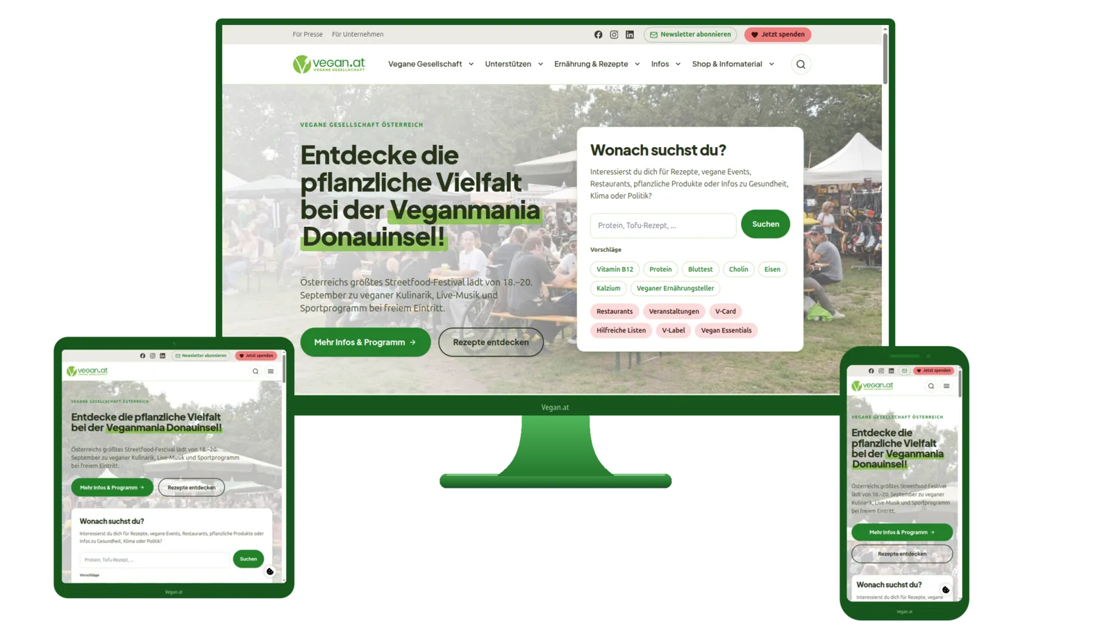 vegan.at start page with hero and form elements, shown responsively on 3 devices