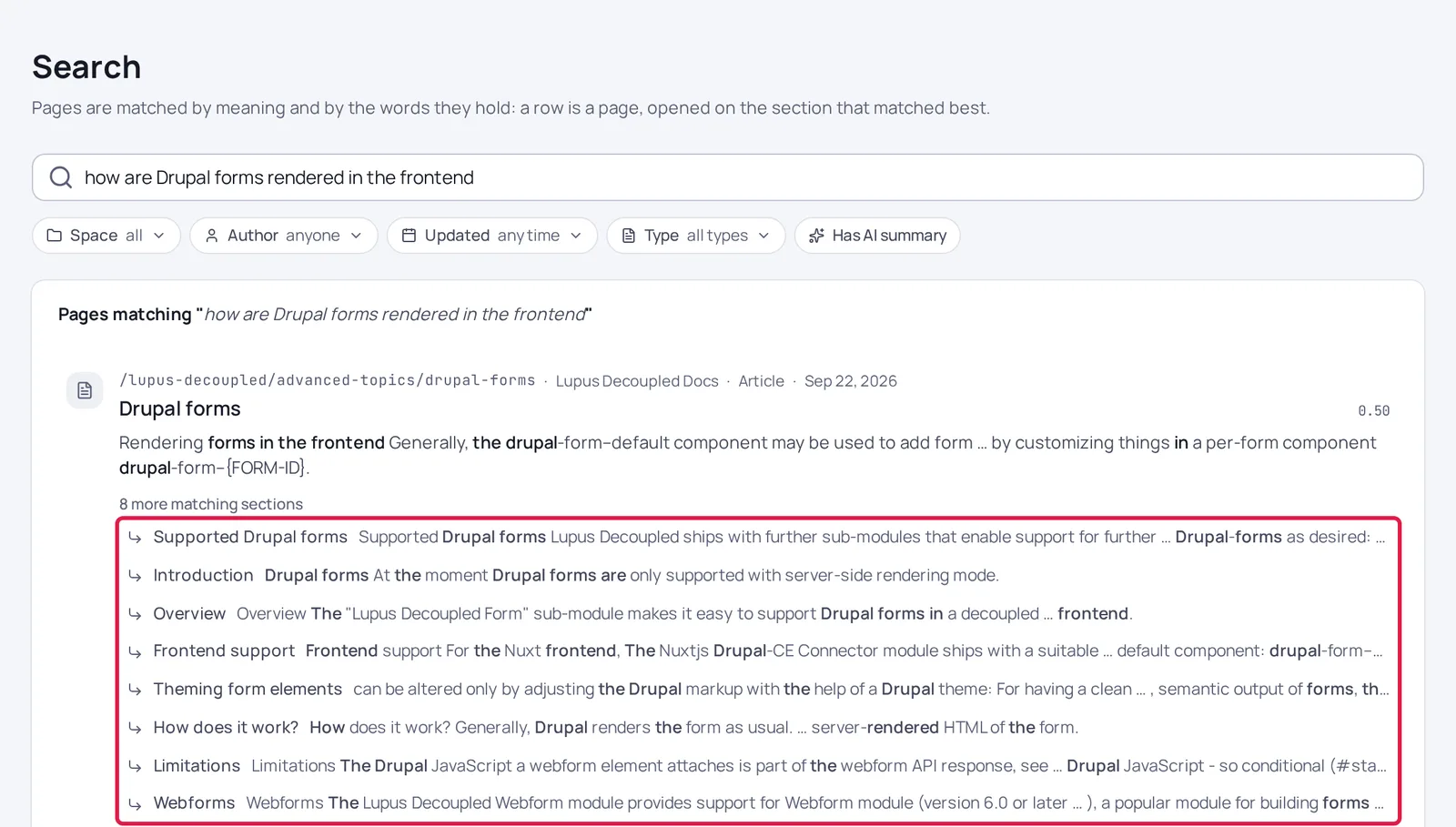 A result is a page, opened on the section that matched best. OpenKnowledgebase search results for the natural-language query "how are Drupal forms rendered in the frontend". Outlined in red: the eight matching sections listed under the top result, each one opening the page at that section.